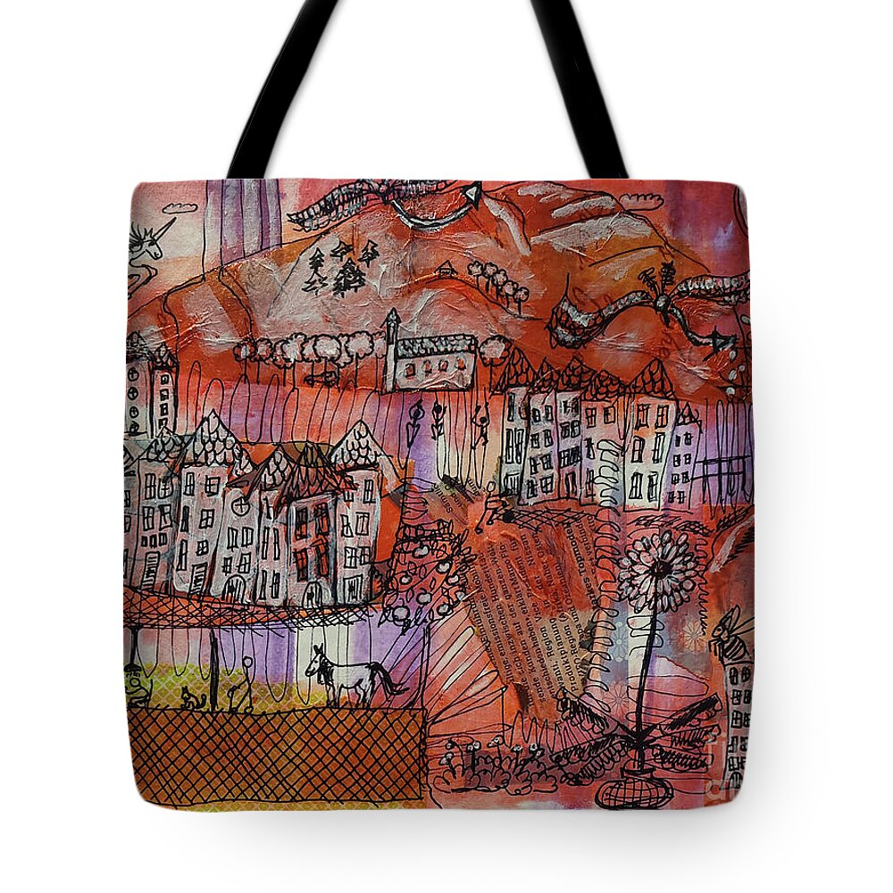 Houses Tote Bag featuring the mixed media 2 Dragons and a Unicorn by Mimulux Patricia No