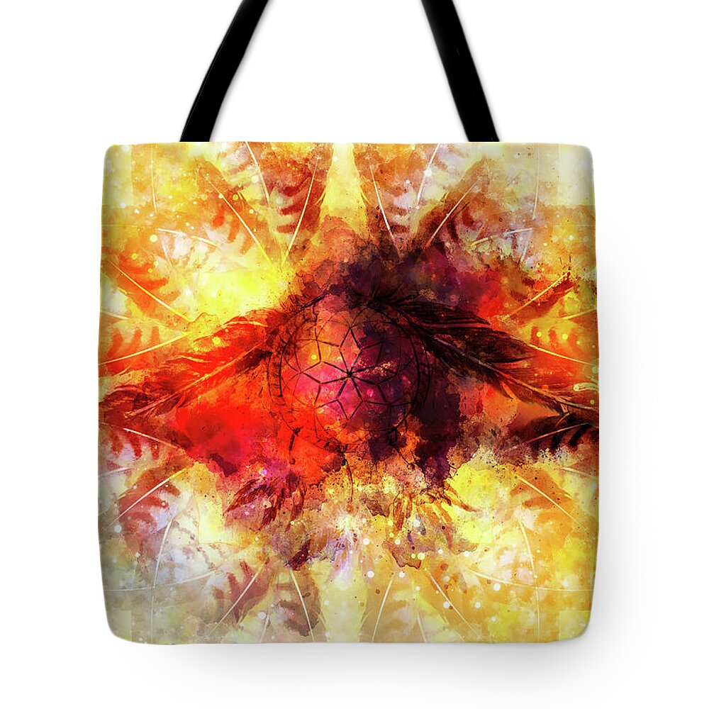 Dream Tote Bag featuring the mixed media Dream Catcher, Feathers And Ornaments, Indian Spiri. #2 by Jozef Klopacka
