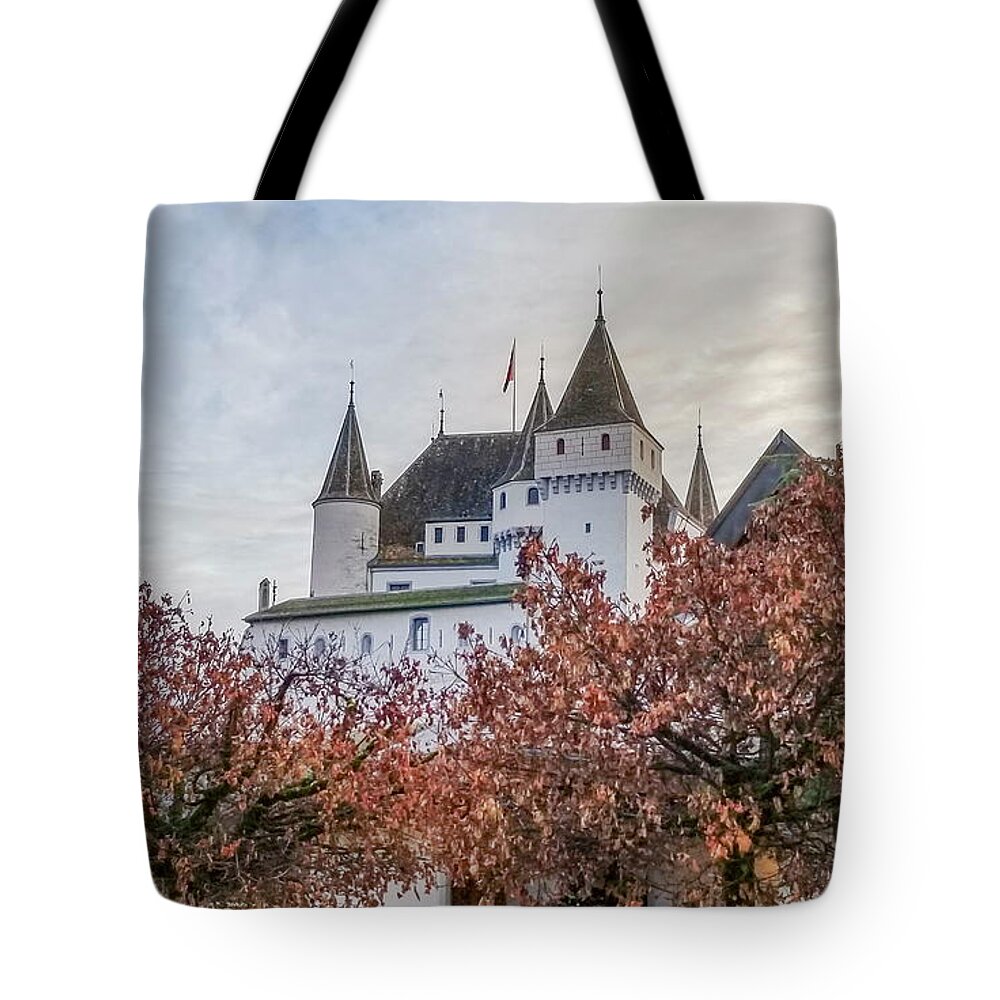 Nyon Tote Bag featuring the photograph Famous medieval castle in Nyon, Switzerland #2 by Elenarts - Elena Duvernay photo