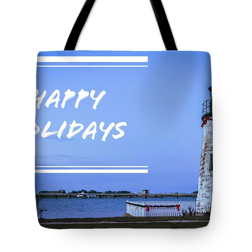 Happy Holidays From Goat Island Lighthouse Tote Bag featuring the photograph Happy Holidays from Goat Island Lighthouse by Christina McGoran