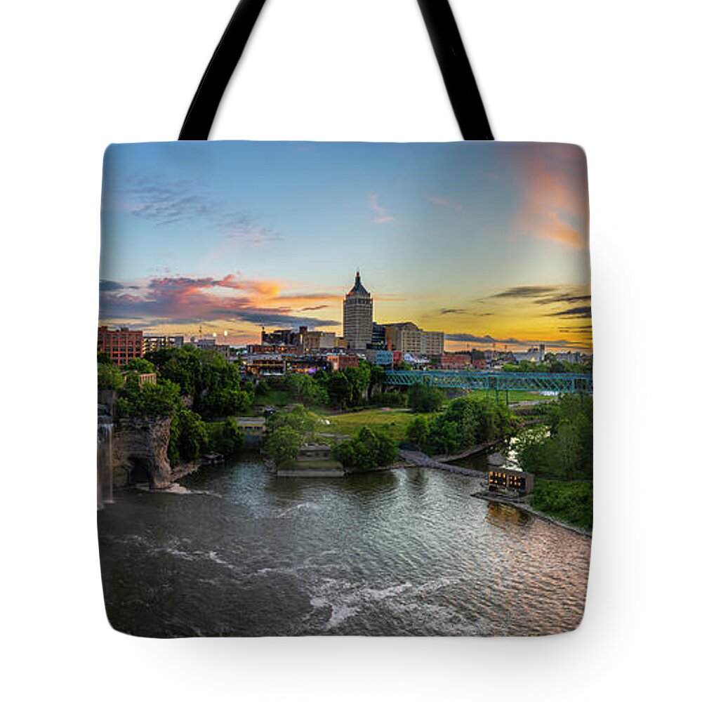 High Falls Rochester Ny At Sunset Tote Bag featuring the photograph High Falls Rochester At Sunset by Mark Papke