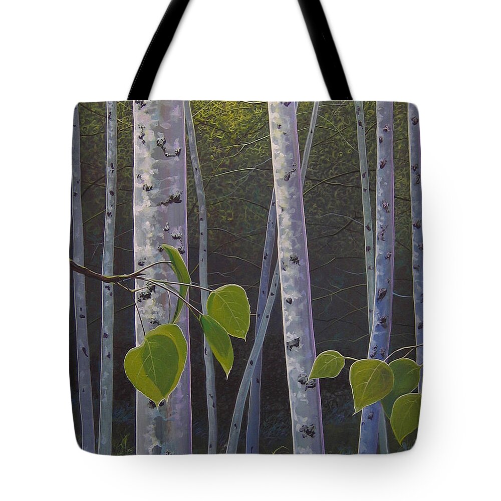 Aspen Tote Bag featuring the painting Light in the Forest by Hunter Jay