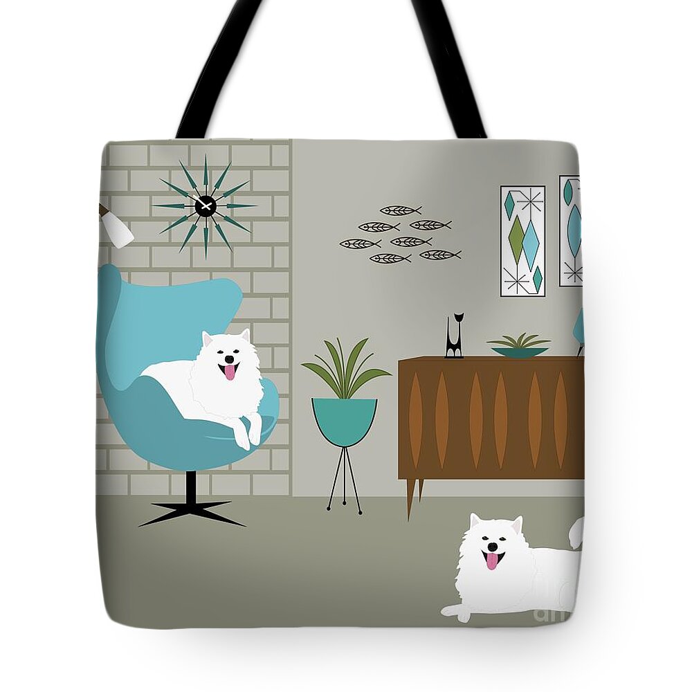 Mid Century Modern Tote Bag featuring the digital art Mid Century Modern White Dogs by Donna Mibus