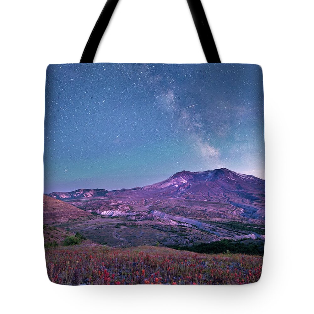 Outdoor; Sunset; Night Photography; Milky Way; Flowers; Summer; Paintbrush; Volcano; Crater; Pumice; Lava; Johnston Ridge Tote Bag featuring the digital art Milky Way in Mt St. Helens #2 by Michael Lee