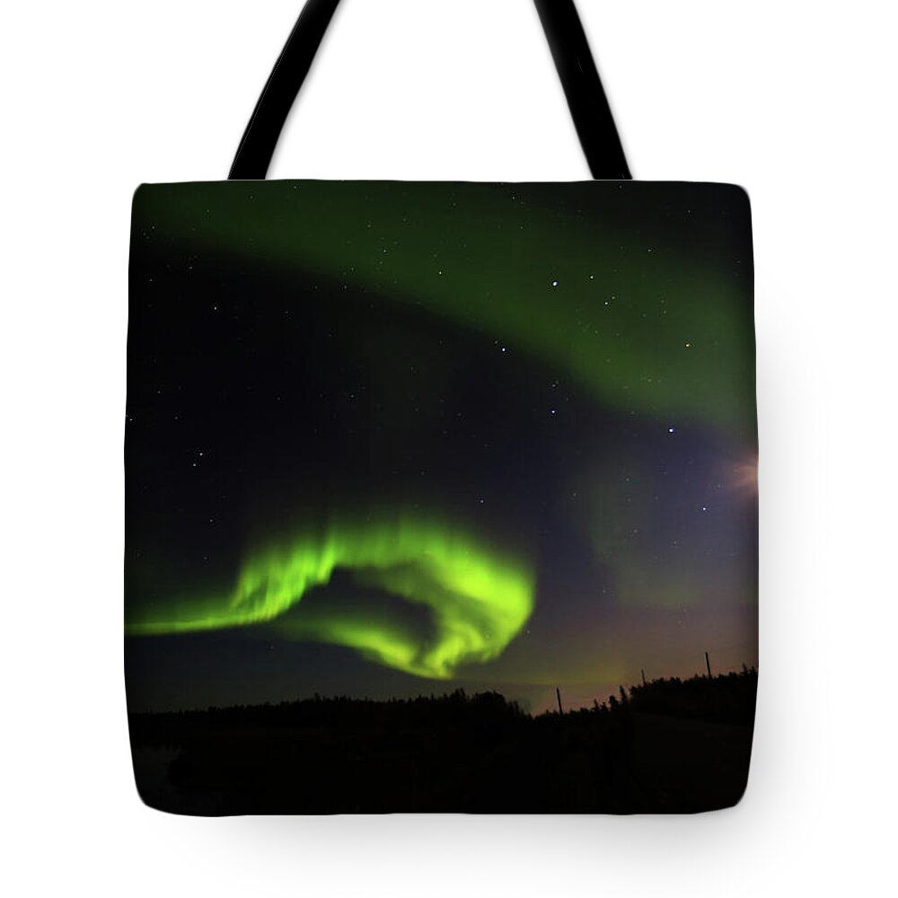 Northern Lights Tote Bag featuring the photograph Northern Lights Dancing with the Moon #2 by Shixing Wen