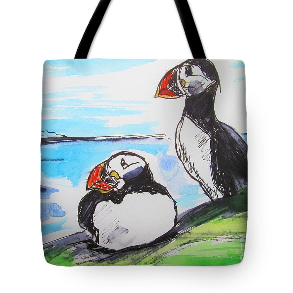 Puffin Art Tote Bag featuring the painting Painting Of 2 Puffins by Mary Cahalan Lee - aka PIXI