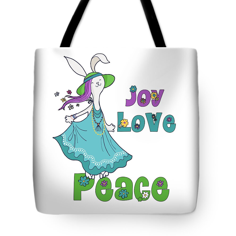 Christmas Tote Bag featuring the digital art Retro Hippie Joy Love and Peace Dancing Holiday Bunny #2 by Doreen Erhardt