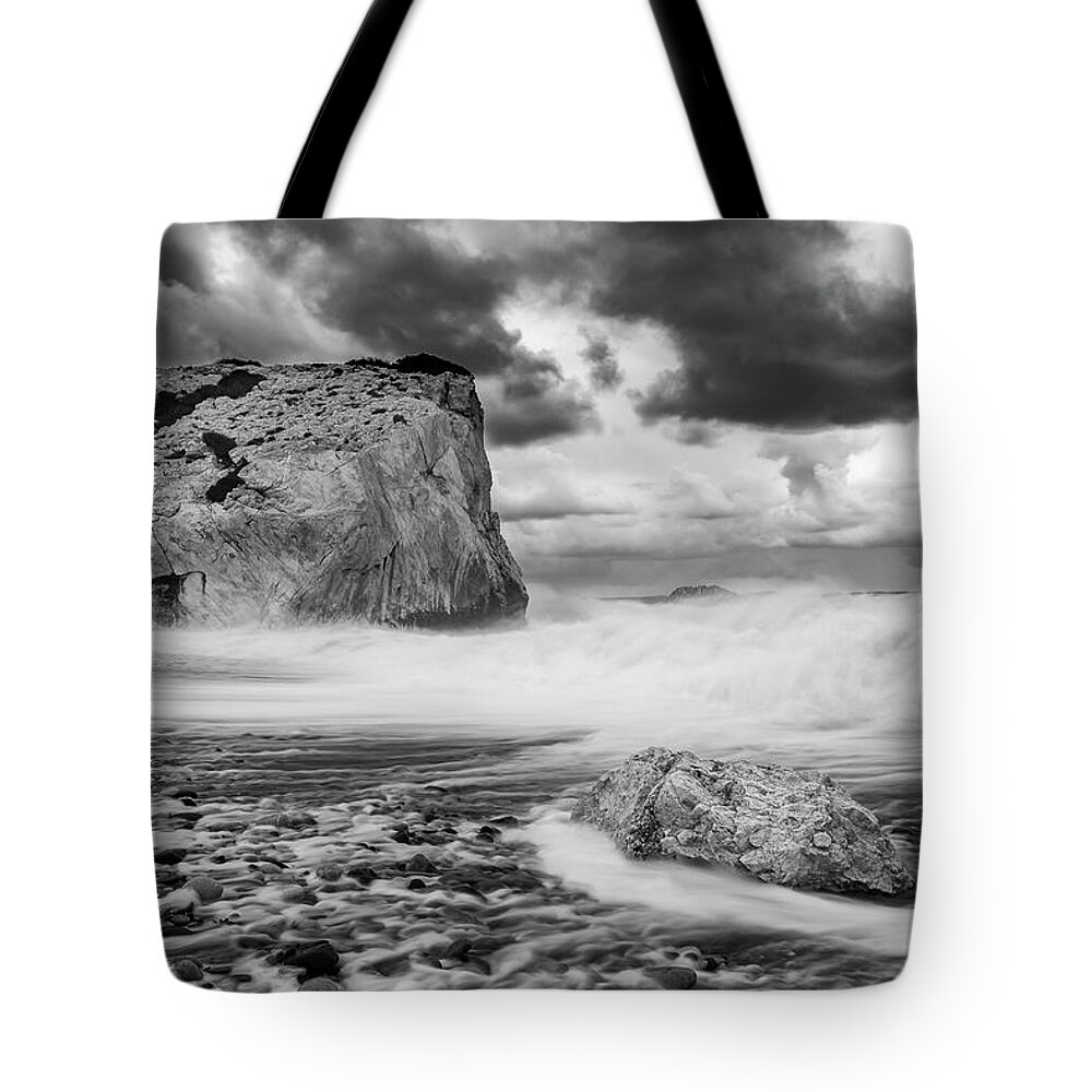 Seascape Tote Bag featuring the photograph Seascape with windy waves during stormy weather. by Michalakis Ppalis