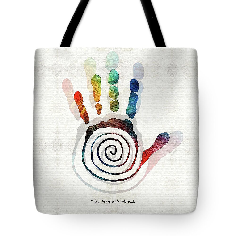 Healing Tote Bag featuring the painting The Healer's Hand Symbol - Native American Art - Sharon Cummings by Sharon Cummings