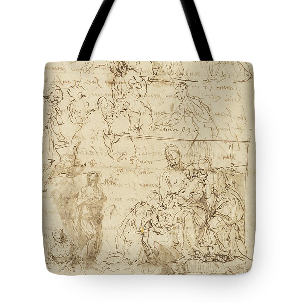 Paolo Veronese Tote Bag featuring the drawing The Mystic Marriage of Saint Catherine and other studies #4 by Paolo Veronese
