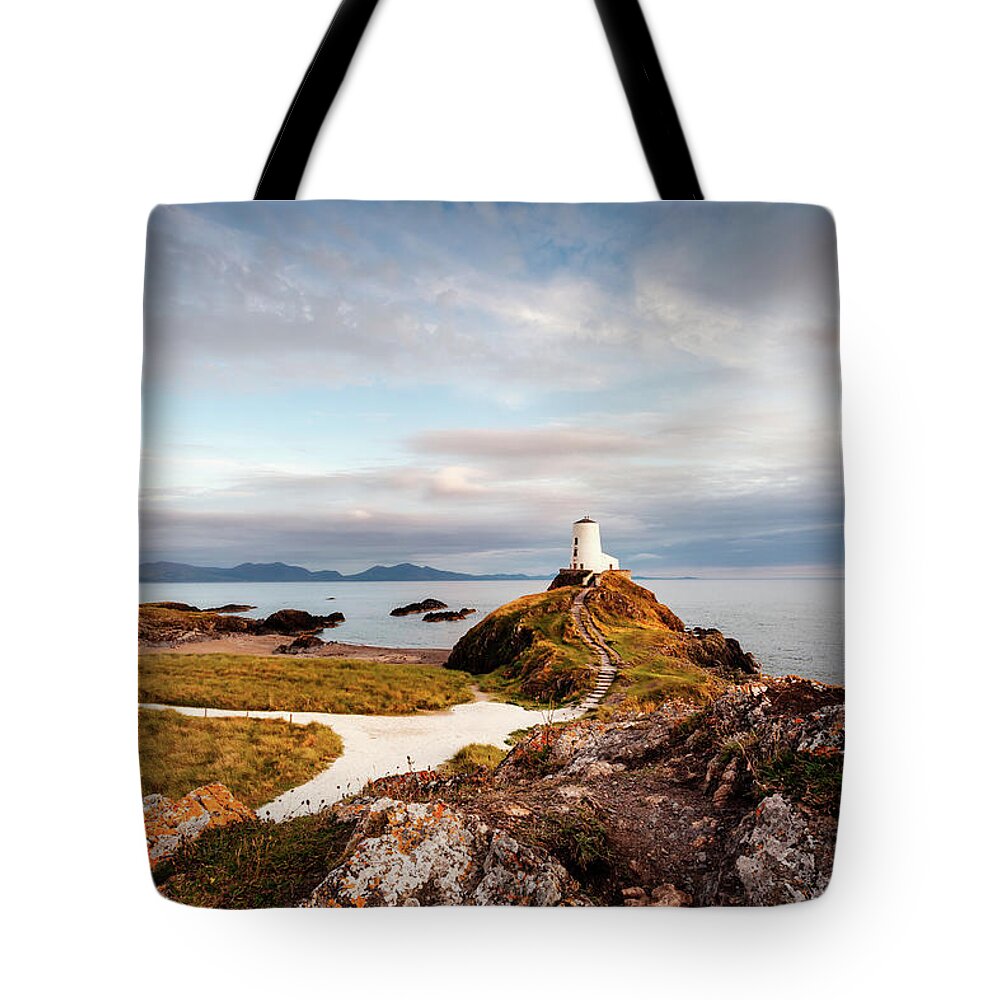 Twr Mawr Lighthouse Tote Bag featuring the photograph Twr Mawr Lighthouse at sunset, Anglesey, North Wales #2 by Victoria Ashman