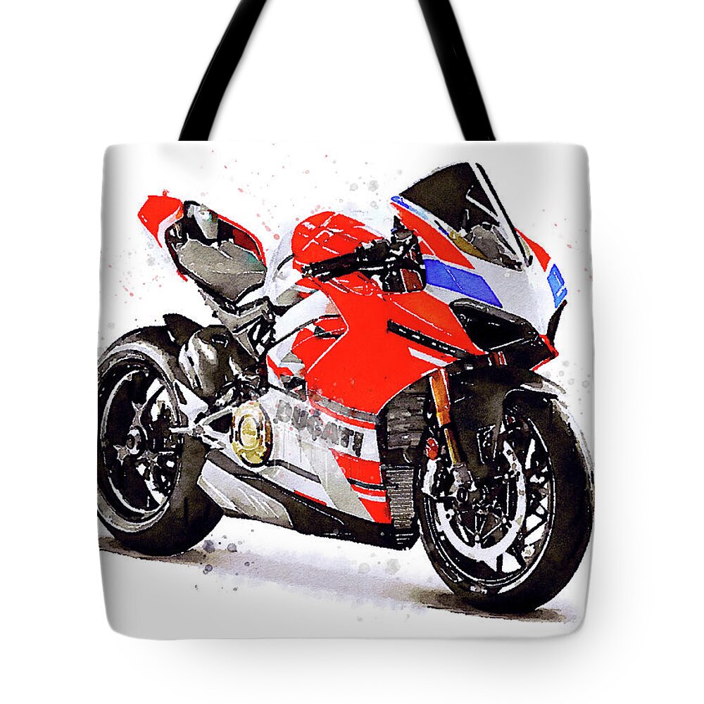 Sport Tote Bag featuring the painting Watercolor Ducati Panigale V4S motorcycle, oryginal artwork by Vart by Vart Studio