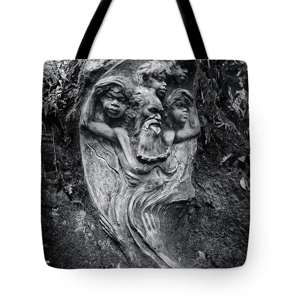 Aboriginal Sculpture Tote Bag featuring the sculpture William Rickett's Aboriginal sculpture - Black and white photo #11 by Paul E Williams