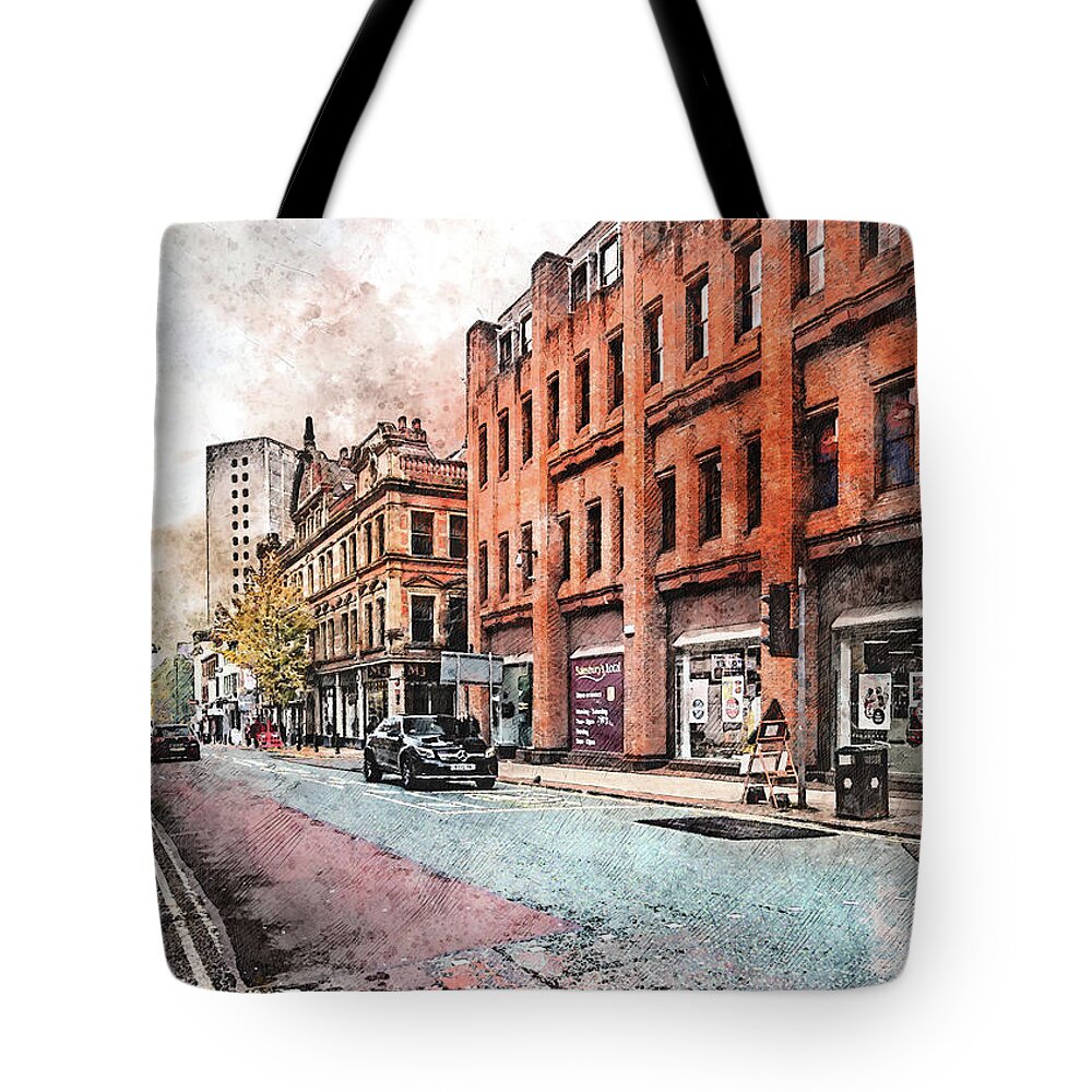 Manchester Tote Bag featuring the digital art Manchester city watercolor #20 by Justyna Jaszke JBJart