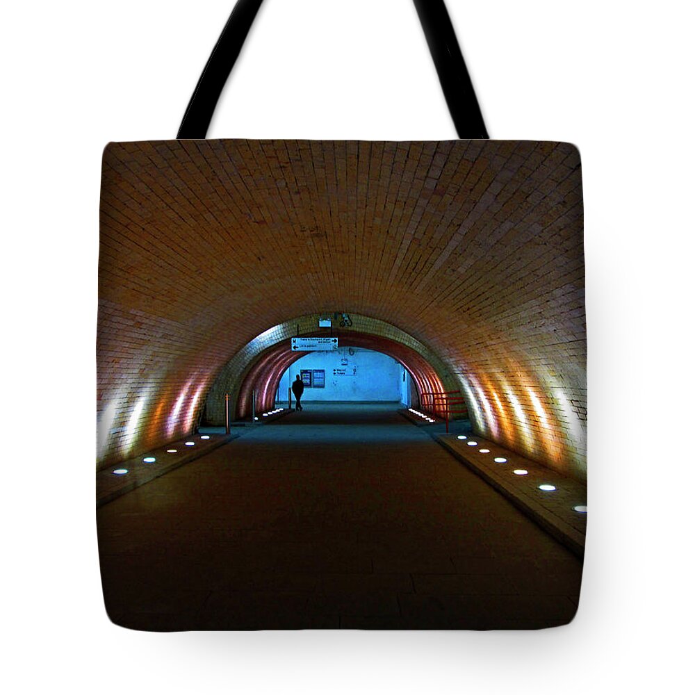 Salford Central Tote Bag featuring the photograph 23-11-12 SALFORD CENTRAL. Passenger Underpass. by Lachlan Main