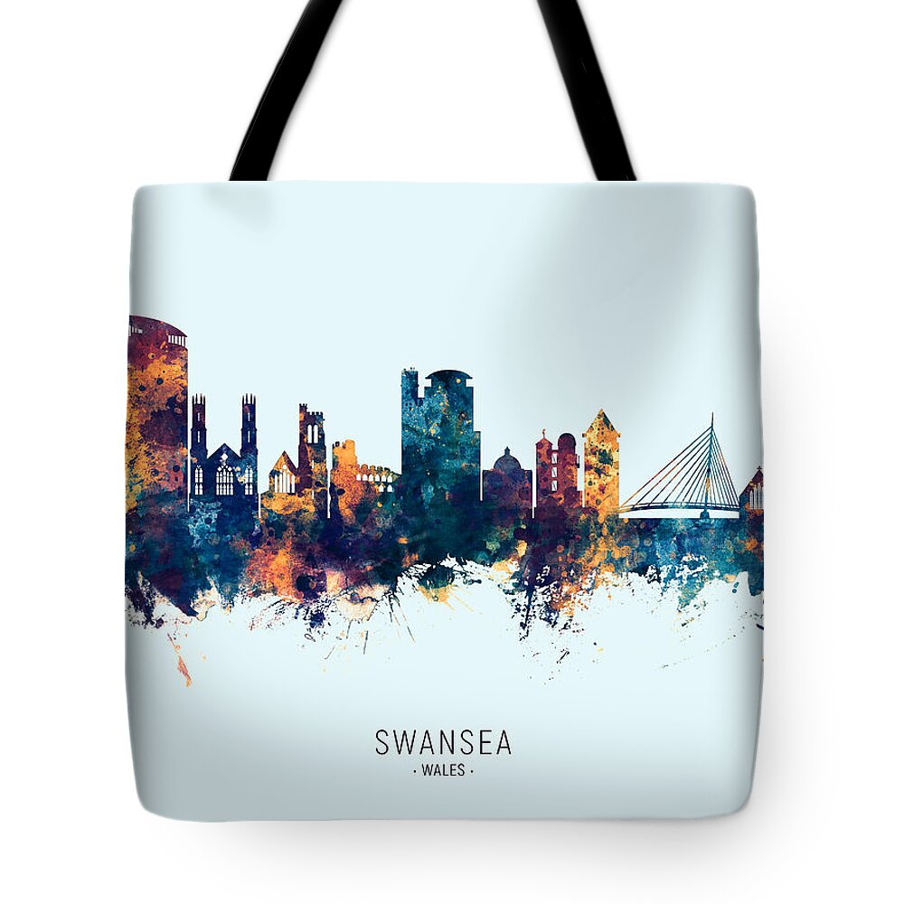 Swansea Tote Bag featuring the digital art Swansea Wales Skyline by Michael Tompsett