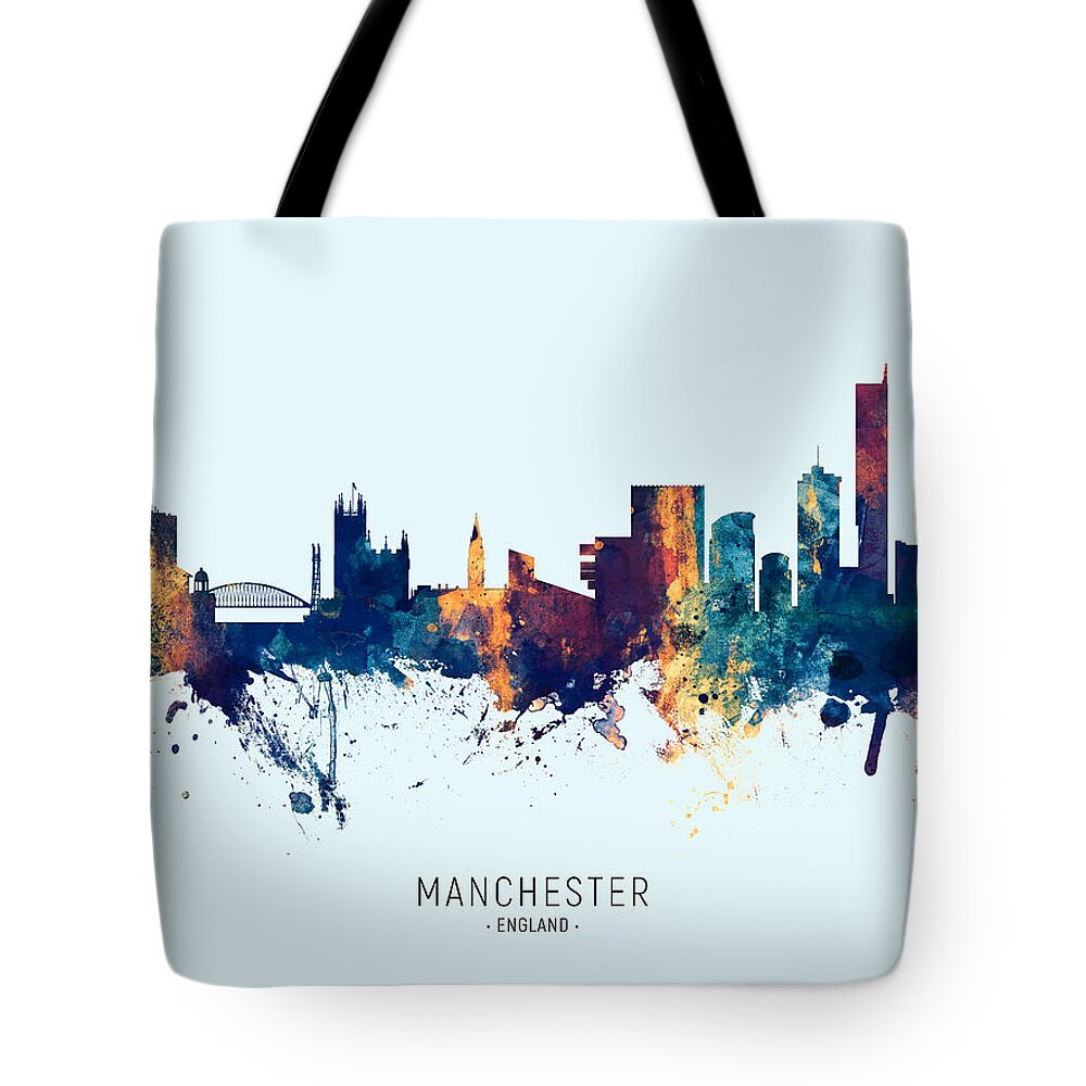Manchester Tote Bag featuring the digital art Manchester England Skyline by Michael Tompsett