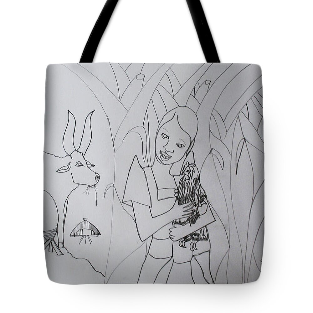 Jesus Tote Bag featuring the drawing Kintu and Nambi First Encounters #29 by Gloria Ssali