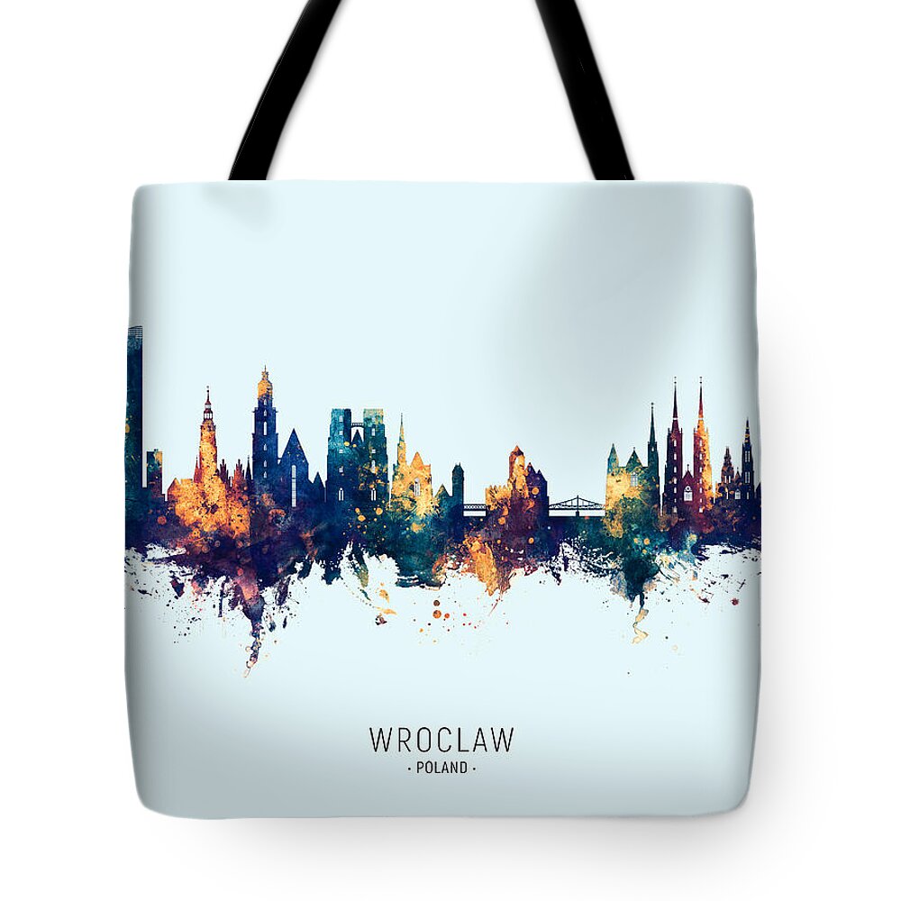 Wroclaw Tote Bag featuring the digital art Wroclaw Poland Skyline #29 by Michael Tompsett