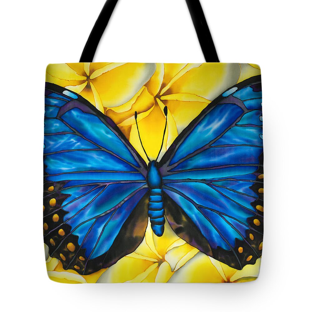Frangipani Flower Tote Bag featuring the painting Blue morpho Butterfly #2 by Daniel Jean-Baptiste