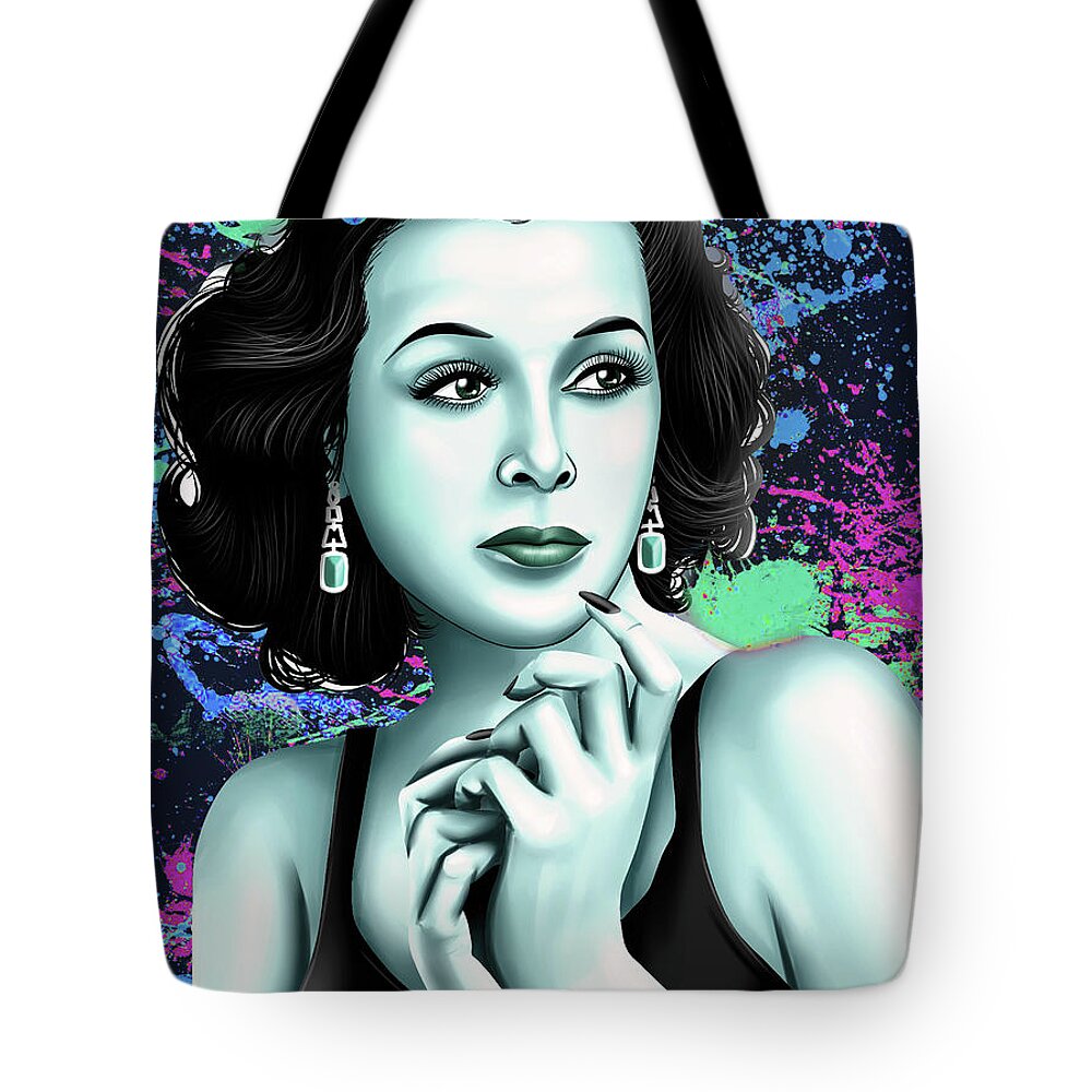 Lamarr Tote Bag featuring the mixed media Hedy Lamarr retro by Movie World Posters