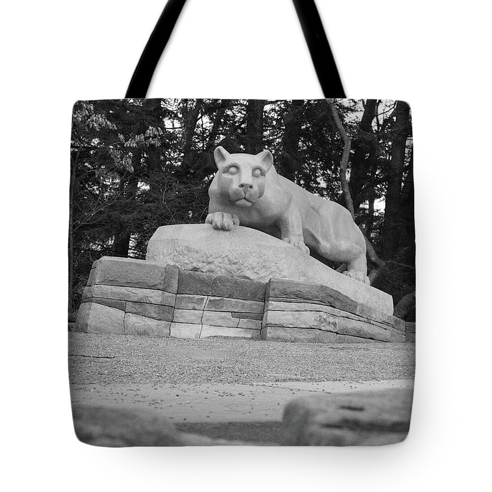 State College Pennsylvania Tote Bag featuring the photograph Nittany Lion Shrine at Penn State University in black and white #3 by Eldon McGraw