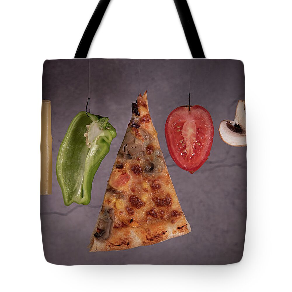 Pizza Tote Bag featuring the photograph Slice of mozzarella pizza tomato cheese peeper and mushroom ingredients by Michalakis Ppalis