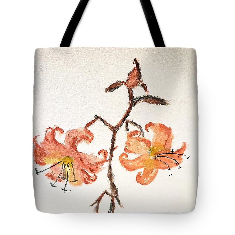 Orange Flower Tote Bag featuring the painting Tiger Lily #3 by Margaret Welsh Willowsilk