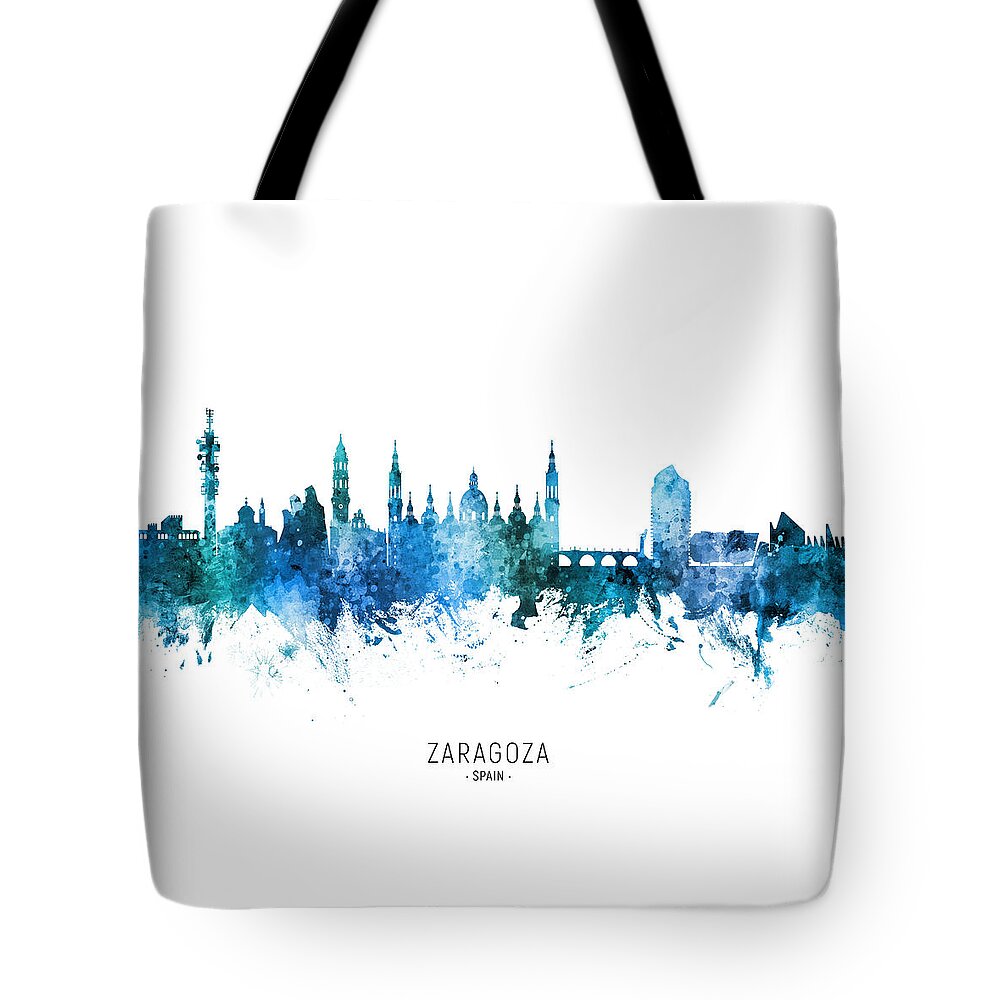 Zaragoza Tote Bag featuring the digital art Zaragoza Spain Skyline by Michael Tompsett