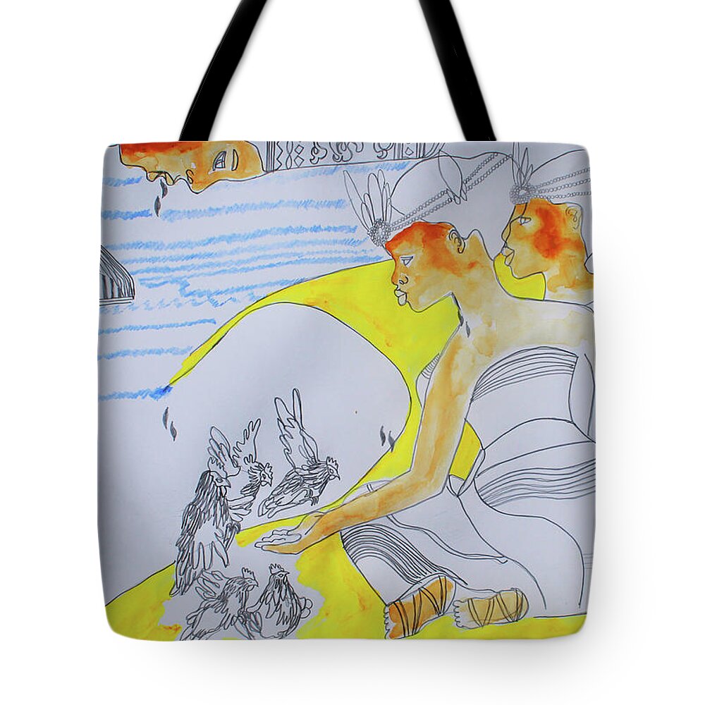Jesus Tote Bag featuring the painting Kintu and Nambi Arrival at the Royal Kingdom of Buganda #38 by Gloria Ssali
