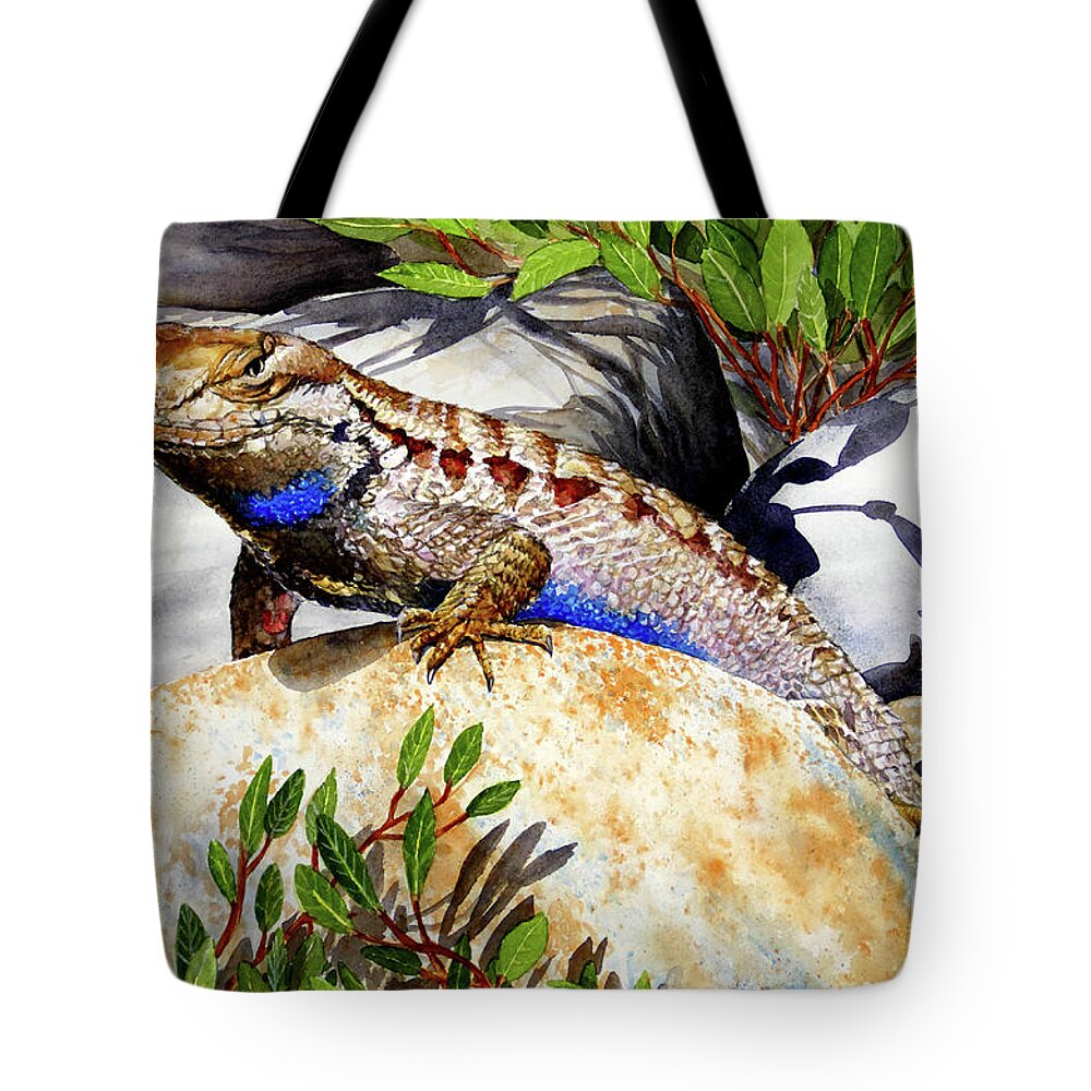 Lizard Tote Bag featuring the painting #408 Western Fence Lizard #408 by William Lum