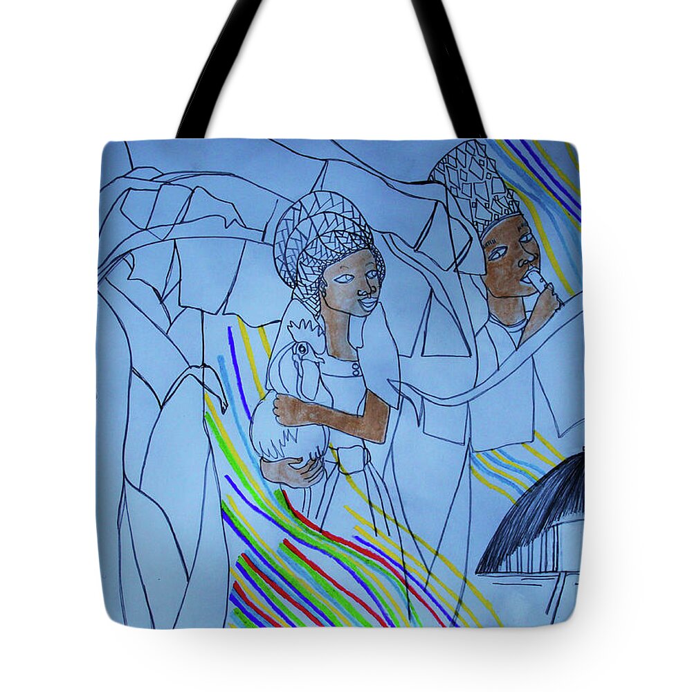 Jesus Tote Bag featuring the painting Kintu and Nambi #480 by Gloria Ssali