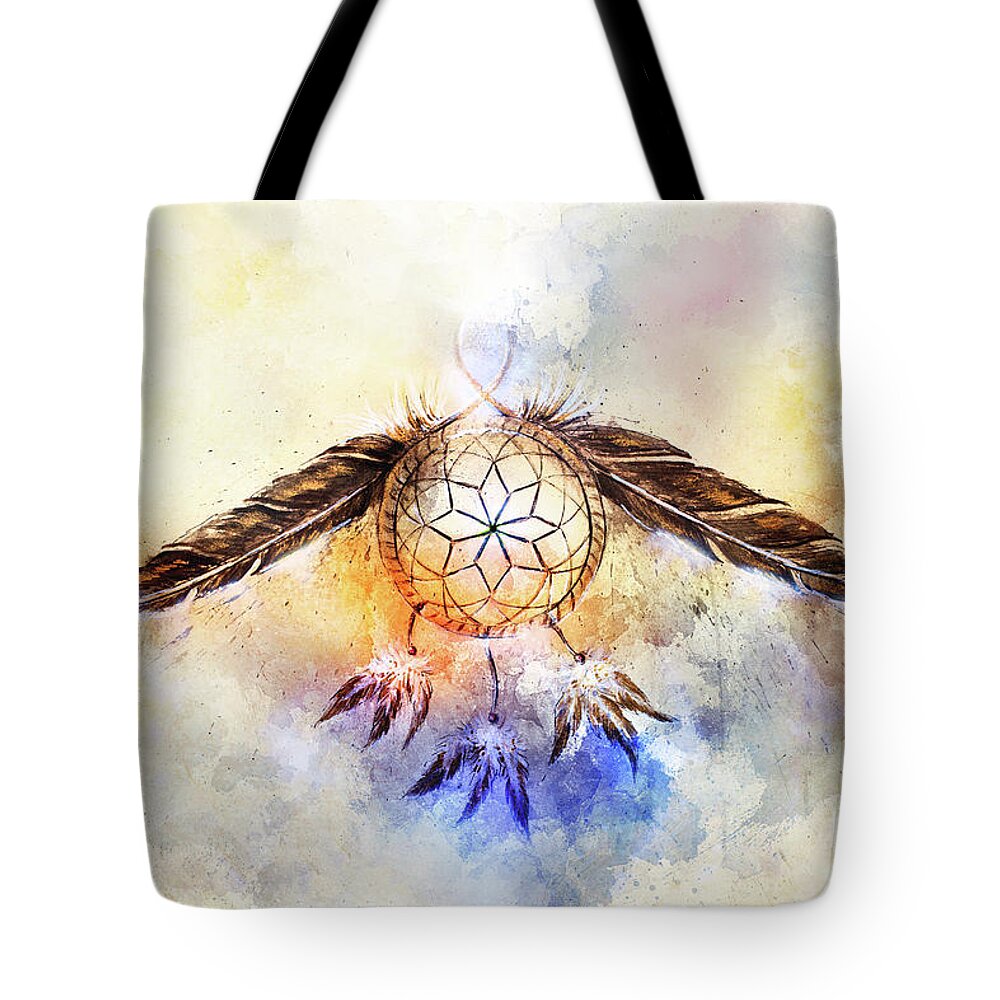 Dream Tote Bag featuring the mixed media Dream Catcher, Feathers And Ornaments, Indian Spiri. #5 by Jozef Klopacka