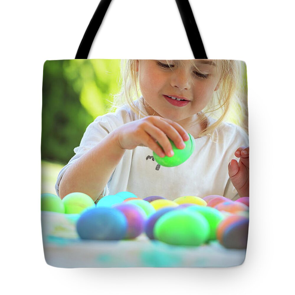  Tote Bag featuring the photograph Happy Baby Coloring Easter Eggs #5 by Anna Om