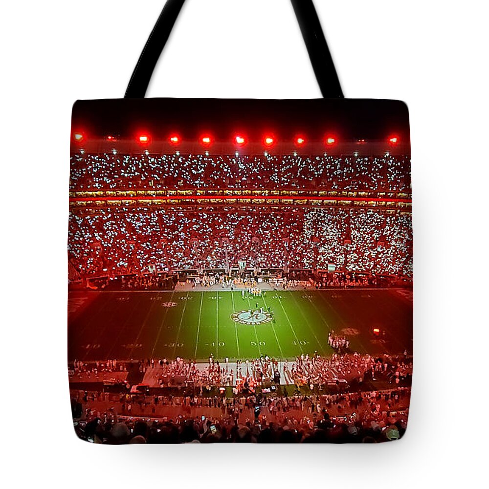 Gameday Tote Bag featuring the photograph Night Panorama Bryant-Denny Stadium by Kenny Glover