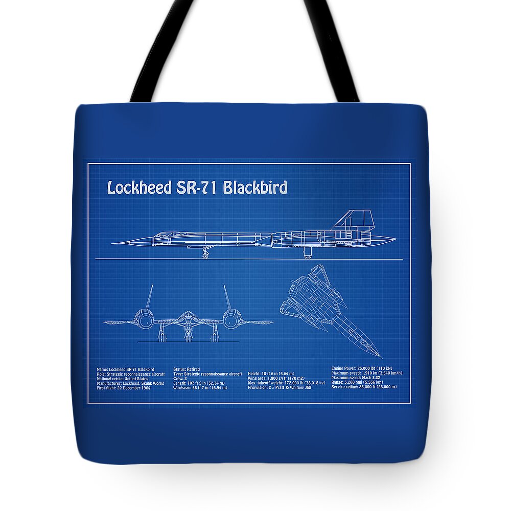 Sr-71 Blackbird Tote Bag featuring the digital art SR-71 Blackbird - Airplane Blueprint Drawing Plans Schematics ad by SP JE Art