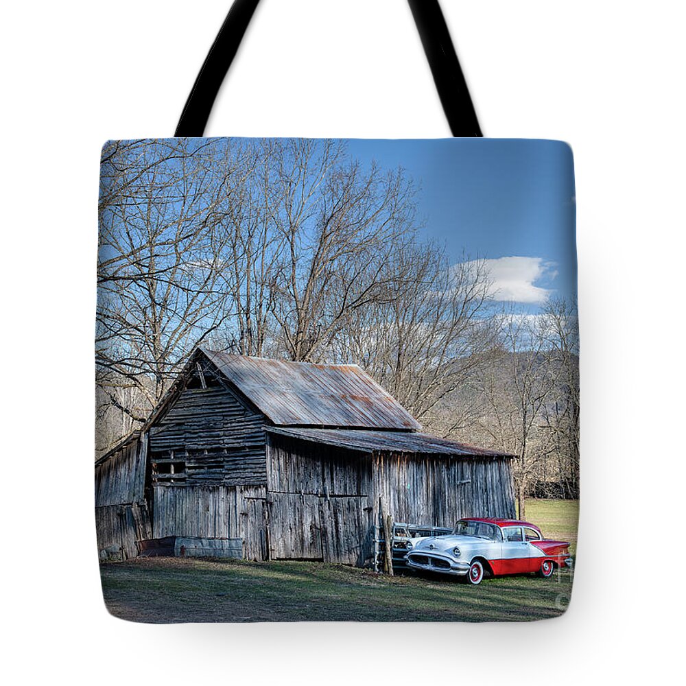 Automobile Tote Bag featuring the photograph '56 Olds #56 by Nicki McManus
