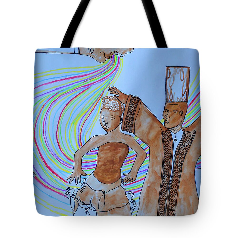 Jesus Tote Bag featuring the painting Kintu and Nambi Arrival at the Royal Kingdom of Buganda #59 by Gloria Ssali