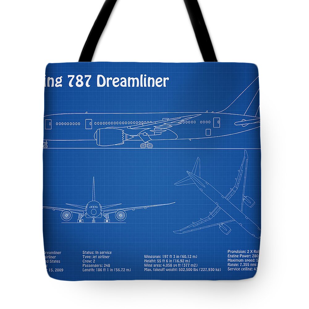 Boeing 787 Tote Bag featuring the digital art Boeing 787 Dreamliner - Airplane Blueprint. Drawing Plans Ad by SP JE Art
