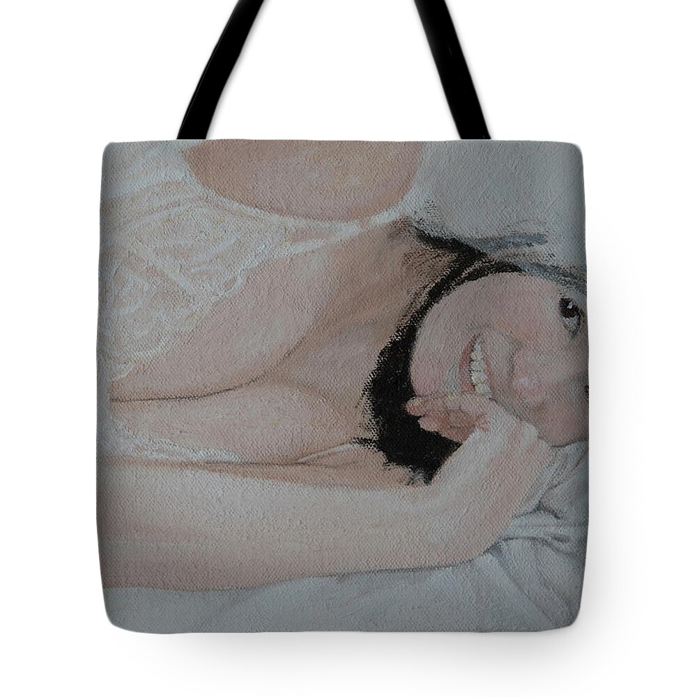 Nude Tote Bag featuring the painting Hello #6 by Masami IIDA