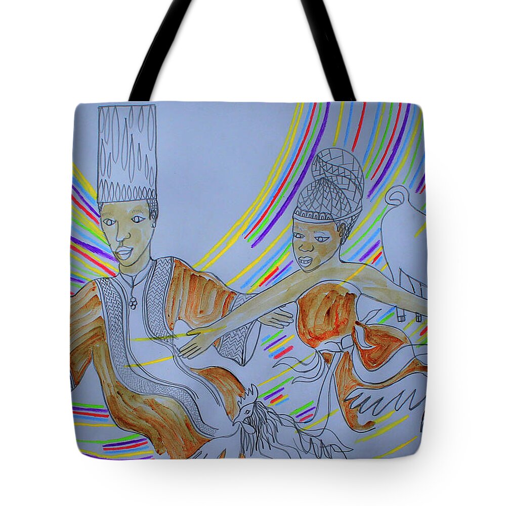 Jesus Tote Bag featuring the painting Kintu and Nambi Arrival at the Royal Kingdom of Buganda #60 by Gloria Ssali