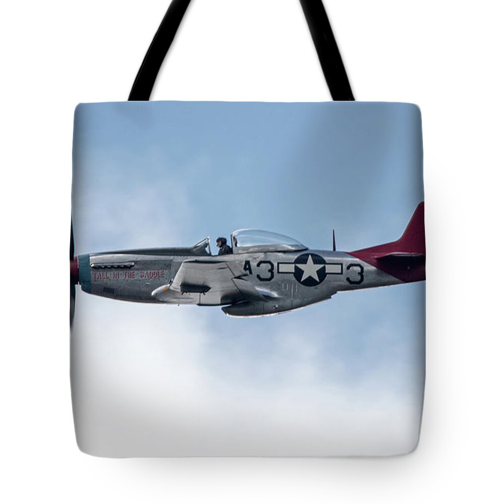 P51 Mustang Tote Bag featuring the photograph P51 Mustang Tall In The Saddle by Airpower Art