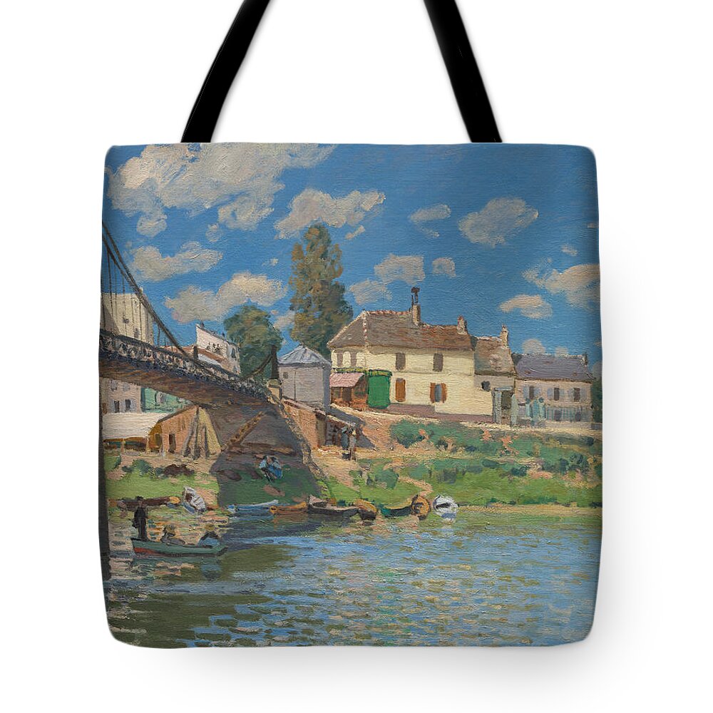 Alfred Sisley Tote Bag featuring the painting The Bridge at Villeneuve-la-Garenne by Alfred Sisley by Mango Art