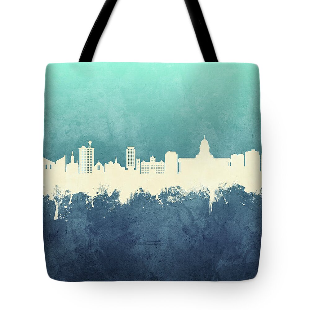 Madison Tote Bag featuring the digital art Madison Wisconsin Skyline by Michael Tompsett
