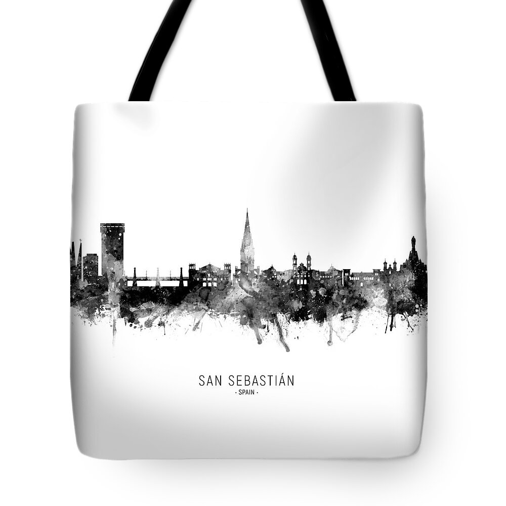 San Sebastián Tote Bag featuring the digital art San Sebastian Spain Skyline #9 by Michael Tompsett