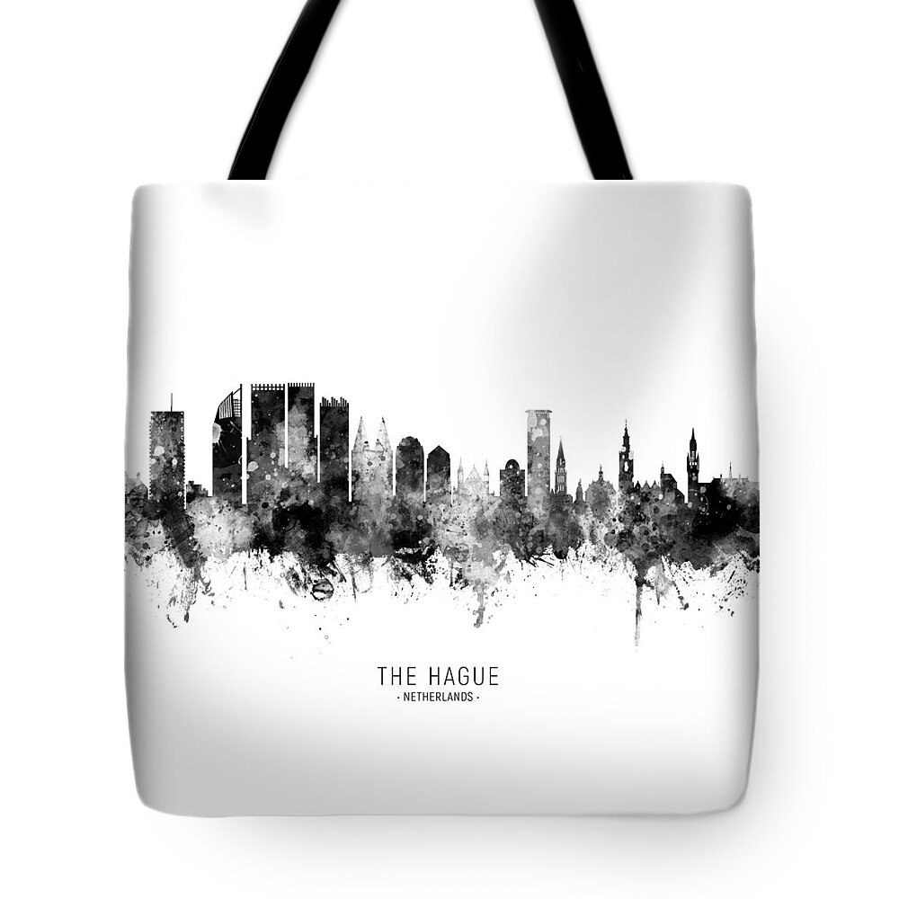 The Hague Tote Bag featuring the digital art The Hague Netherlands Skyline #9 by Michael Tompsett