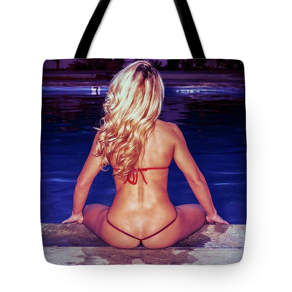 Model Dancer Tote Bag featuring the photograph 9173 Piper Precious Midnight Dip Palm Springs by Nasser Atelier