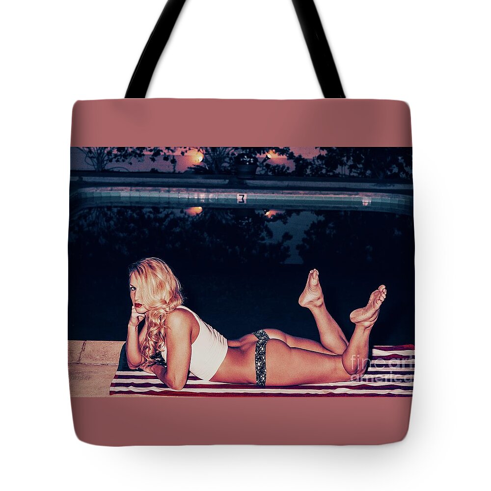Model Dancer Tote Bag featuring the photograph 9267 Piper Precious Pizzazz Patriot Poolside Palm Springs USA by Nasser Atelier
