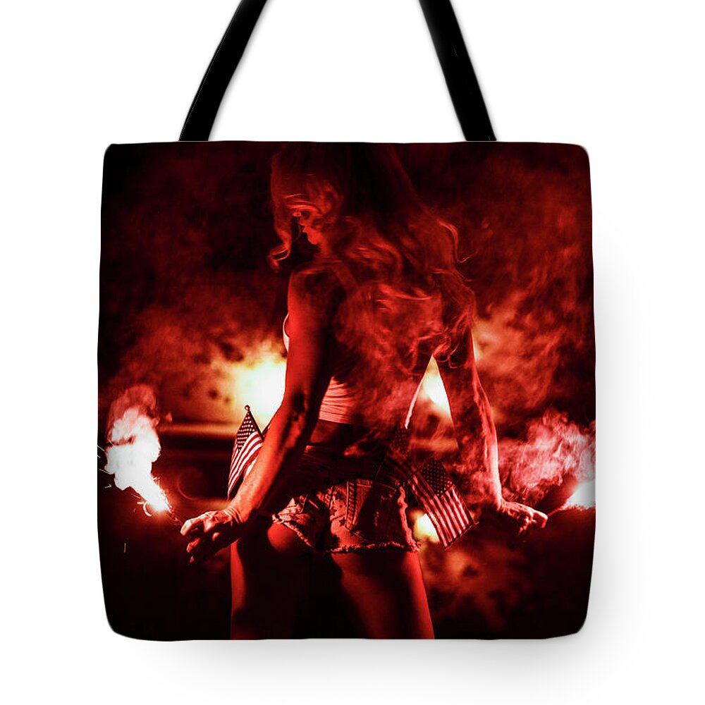 America 4th Of July Tote Bag featuring the photograph 9366 Piper Precious Patriot Sparklers Poolside Palm Springs by Nasser Atelier