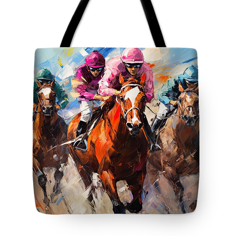 Horse Racing Tote Bag featuring the painting A Blur of Brilliance by Lourry Legarde